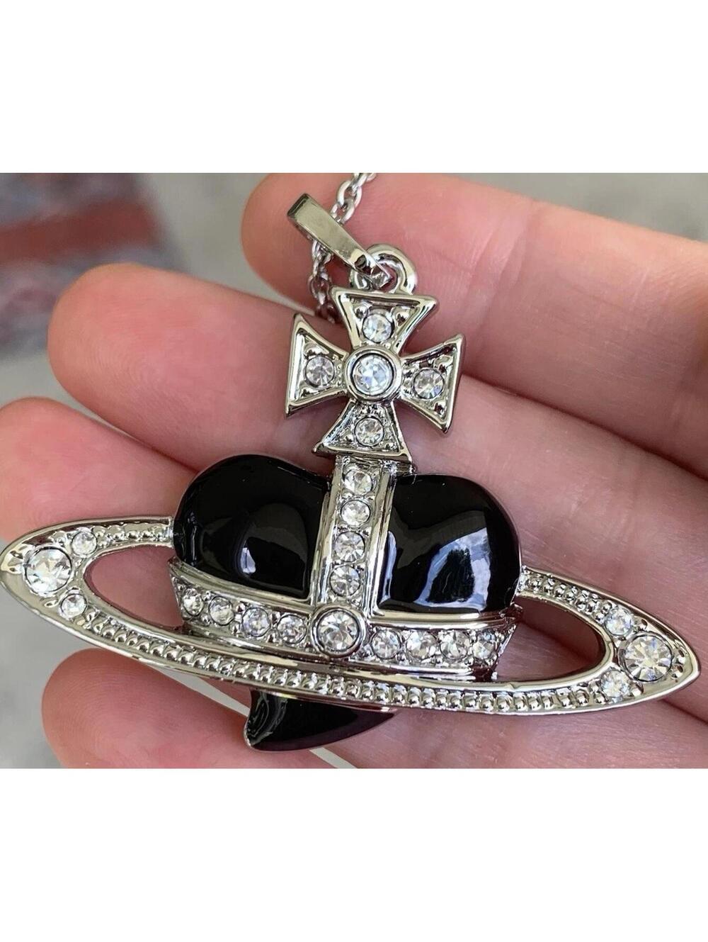 authentic Vivienne Westwood Diamante Black Heart Orb Necklace Pendant Silver nw
